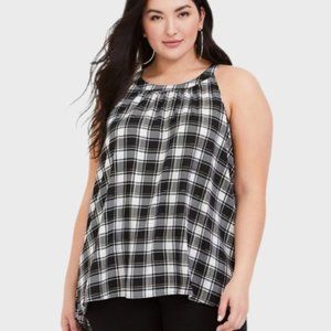 Torrid Black & White Plaid with Gold Accents Georgette High Neck Tank Top